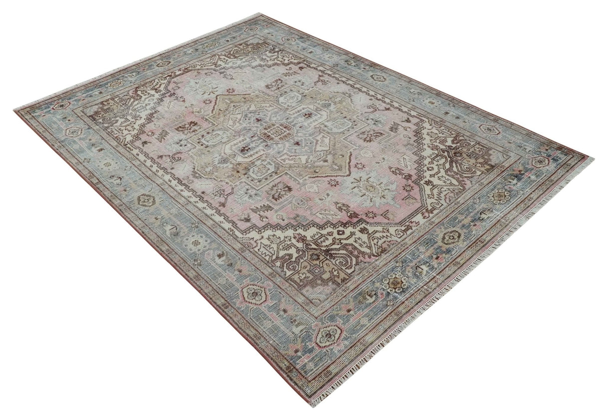 8x10 Distressed Low Pile Hand knotted Beige, Peach and Silver Wool Area Rug