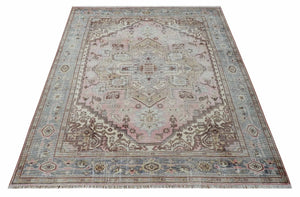 8x10 Distressed Low Pile Hand knotted Beige, Peach and Silver Wool Area Rug