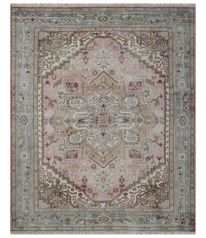8x10 Distressed Low Pile Hand knotted Beige, Peach and Silver Wool Area Rug