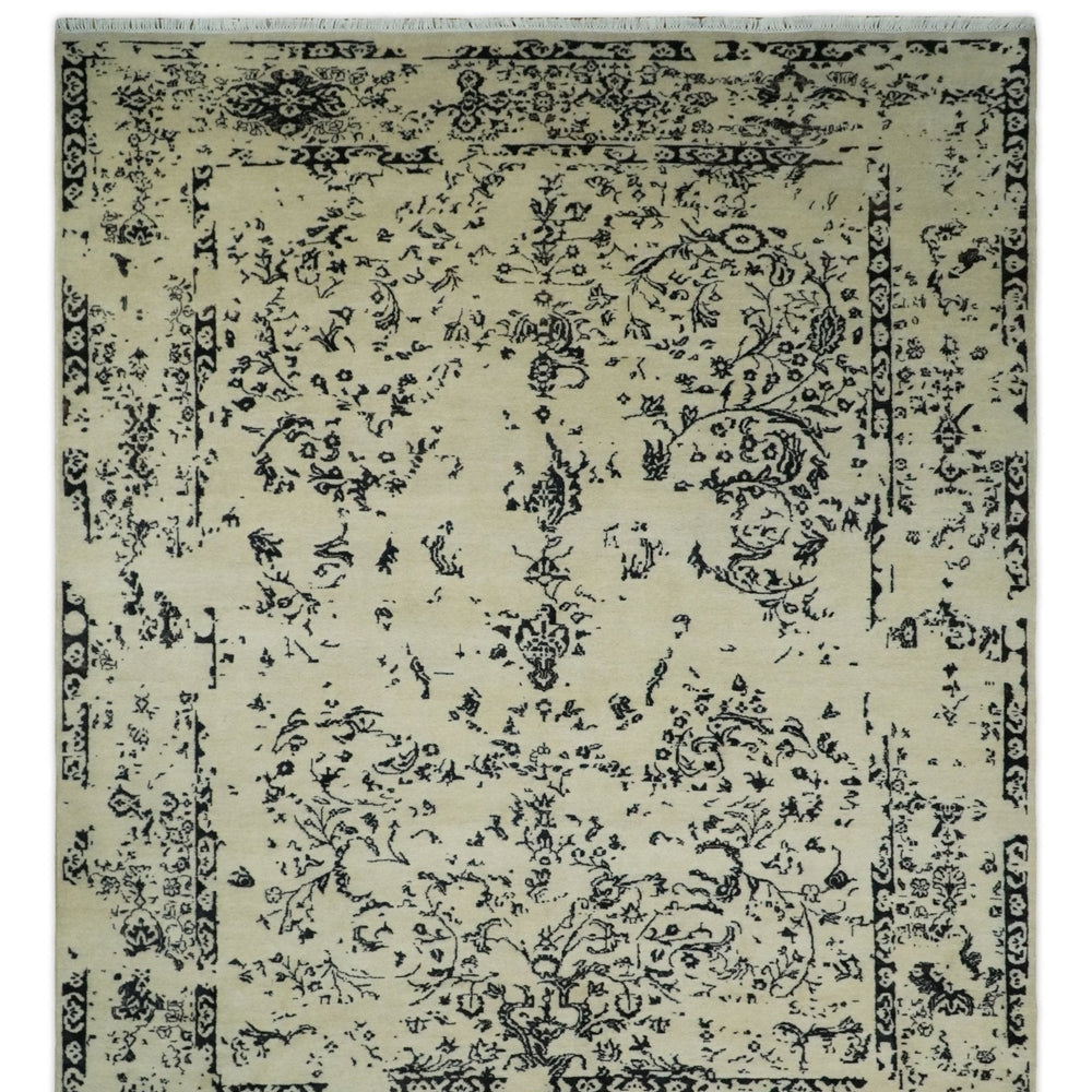 8x10 Fine Hand Knotted Beige and Black Traditional Vintage Persian Antique Wool Rug