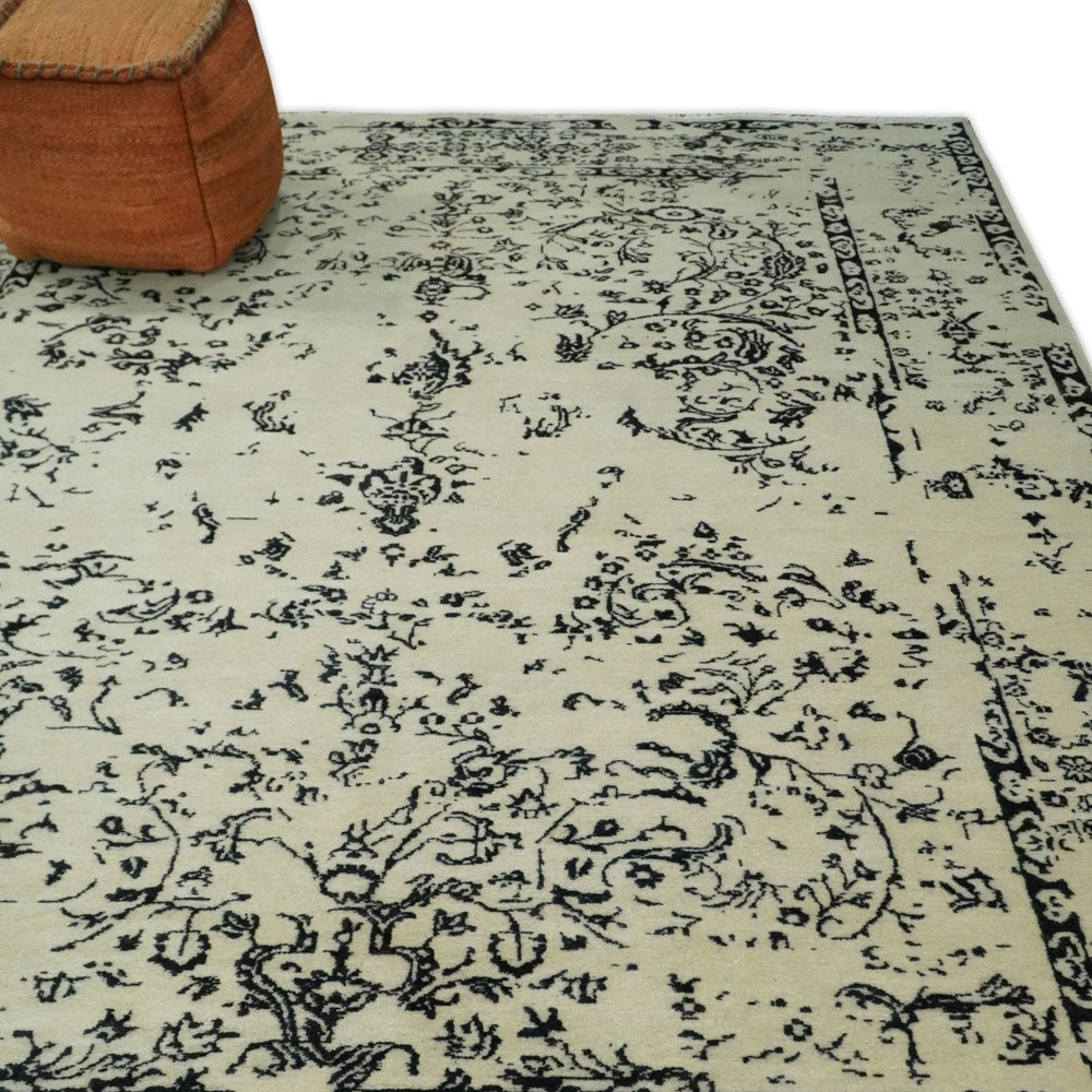 8x10 Fine Hand Knotted Beige and Black Traditional Vintage Persian Antique Wool Rug