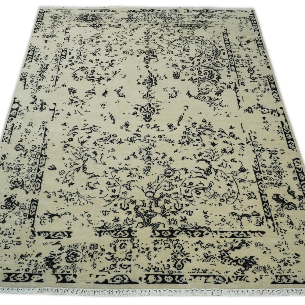 8x10 Fine Hand Knotted Beige and Black Traditional Vintage Persian Antique Wool Rug