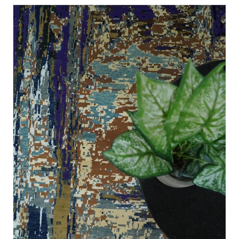 8x10 Fine Hand Knotted Blue And Brown Modern Abstract Wool and Bamboo Silk Area Rug