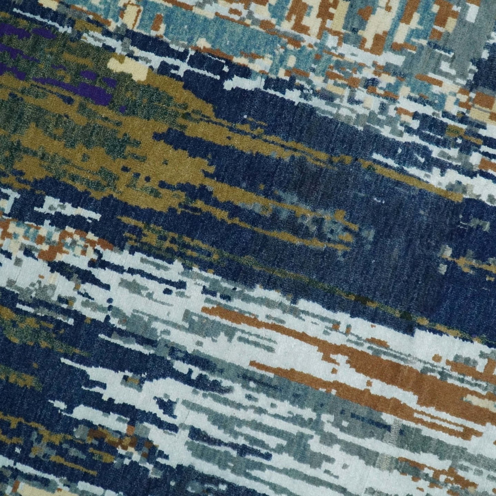 8x10 Fine Hand Knotted Blue And Brown Modern Abstract Wool and Bamboo Silk Area Rug