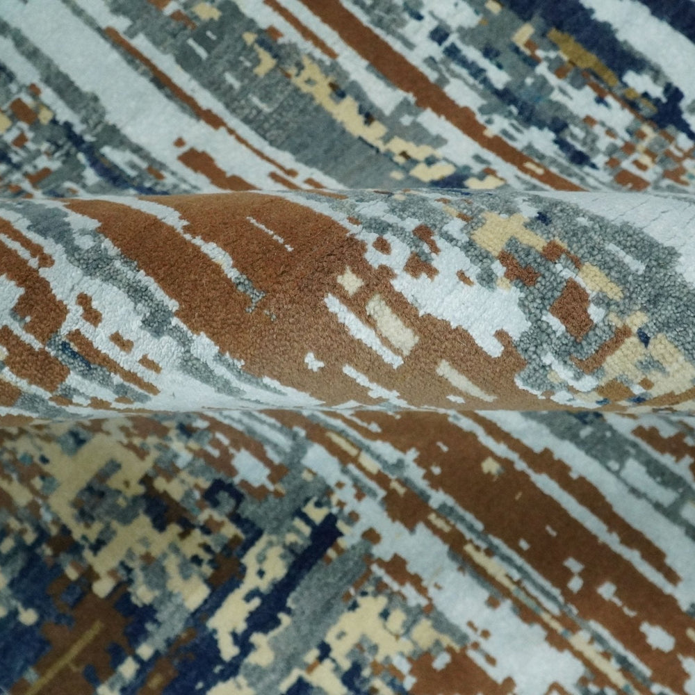 8x10 Fine Hand Knotted Blue And Brown Modern Abstract Wool and Bamboo Silk Area Rug
