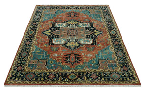 8x10 Fine Hand Knotted Rust, Teal and Dark Blue Traditional Heriz wool area rug