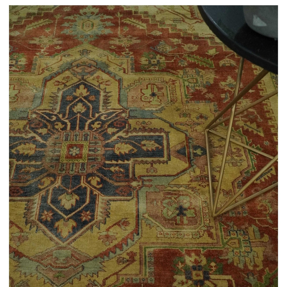 8x10 Gold, Rust and Charcoal Heriz Serapi Traditional Vintage Turkish Style Antique Look Hand Knotted Wool Area Rug | N361810