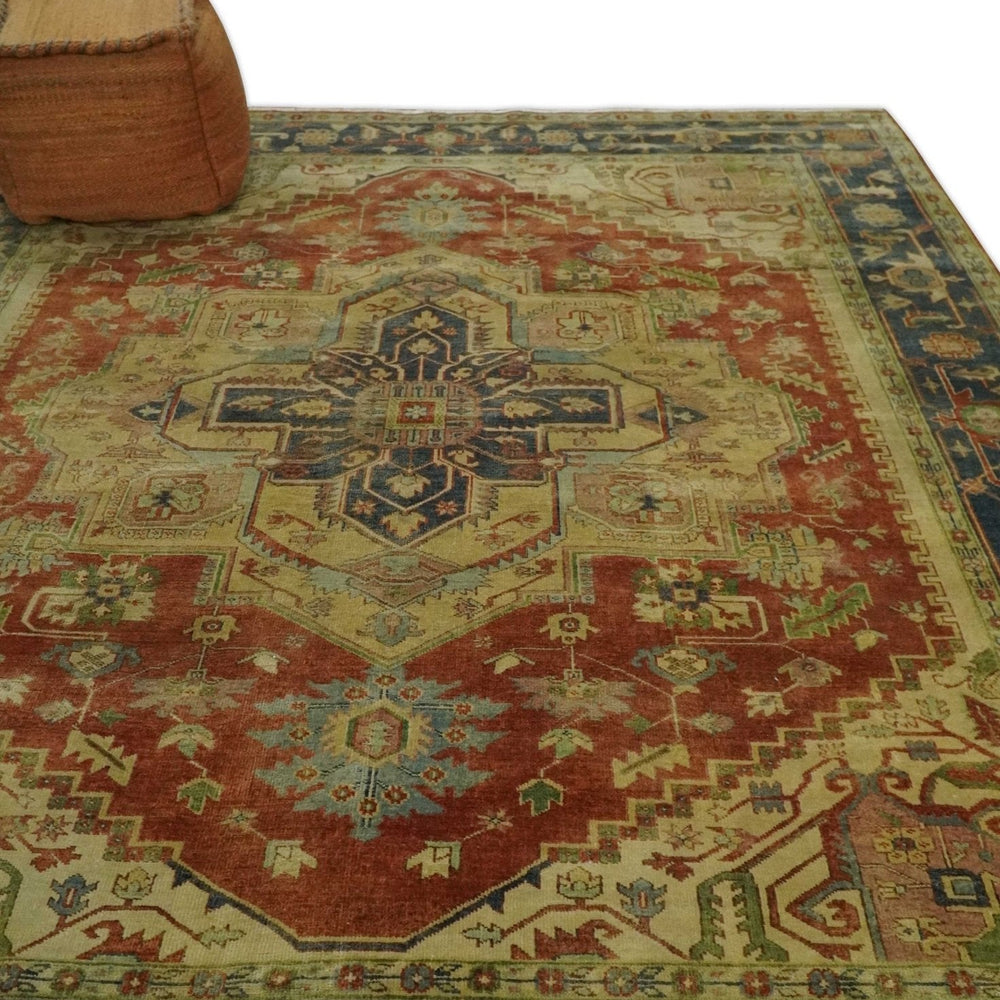 8x10 Gold, Rust and Charcoal Heriz Serapi Traditional Vintage Turkish Style Antique Look Hand Knotted Wool Area Rug | N361810