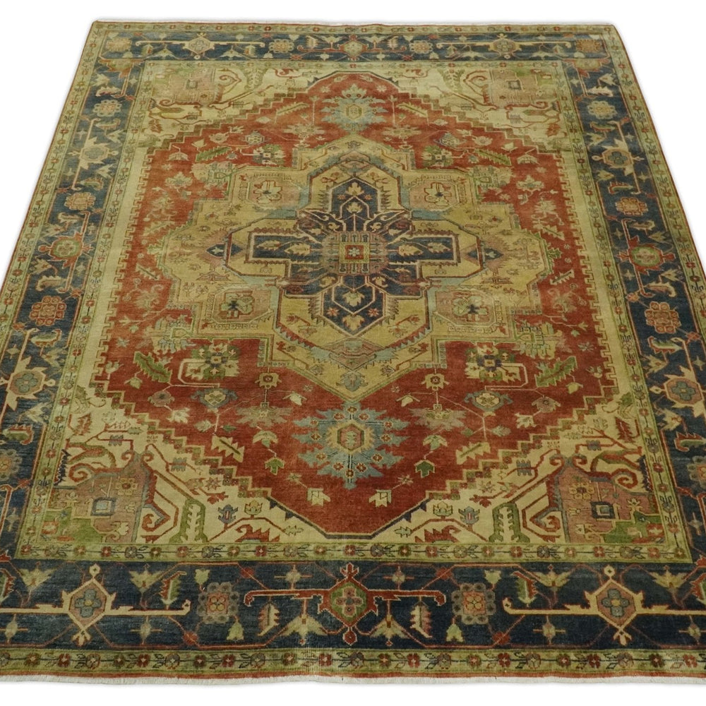 8x10 Gold, Rust and Charcoal Heriz Serapi Traditional Vintage Turkish Style Antique Look Hand Knotted Wool Area Rug | N361810
