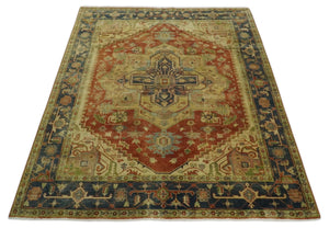 8x10 Gold, Rust and Charcoal Heriz Serapi Traditional Vintage Turkish Style Antique Look Hand Knotted Wool Area Rug | N361810