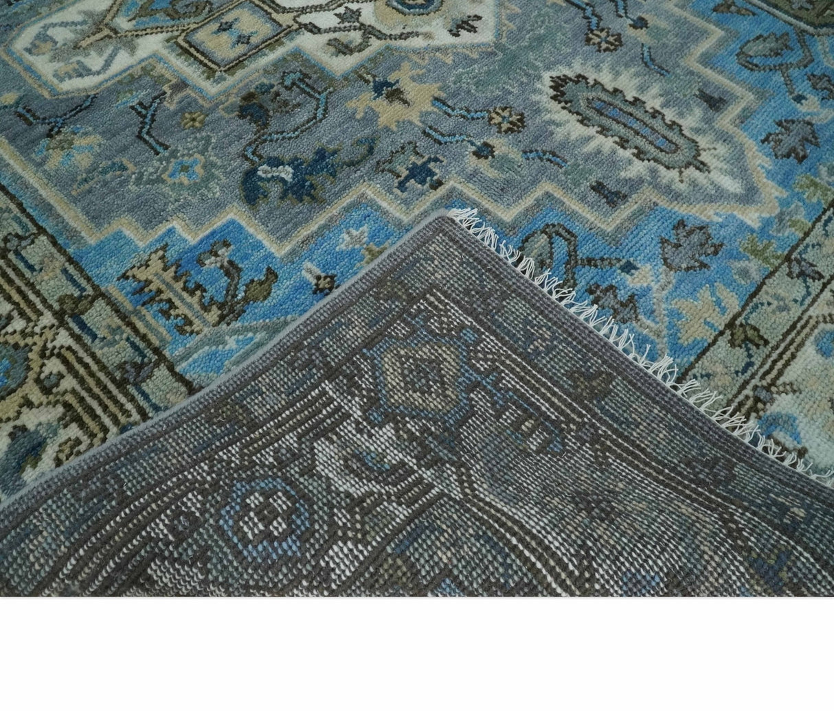 8x10 Gray, Ivory, Moss Green and Blue Hand Knotted Traditional Heriz Wool Area Rug
