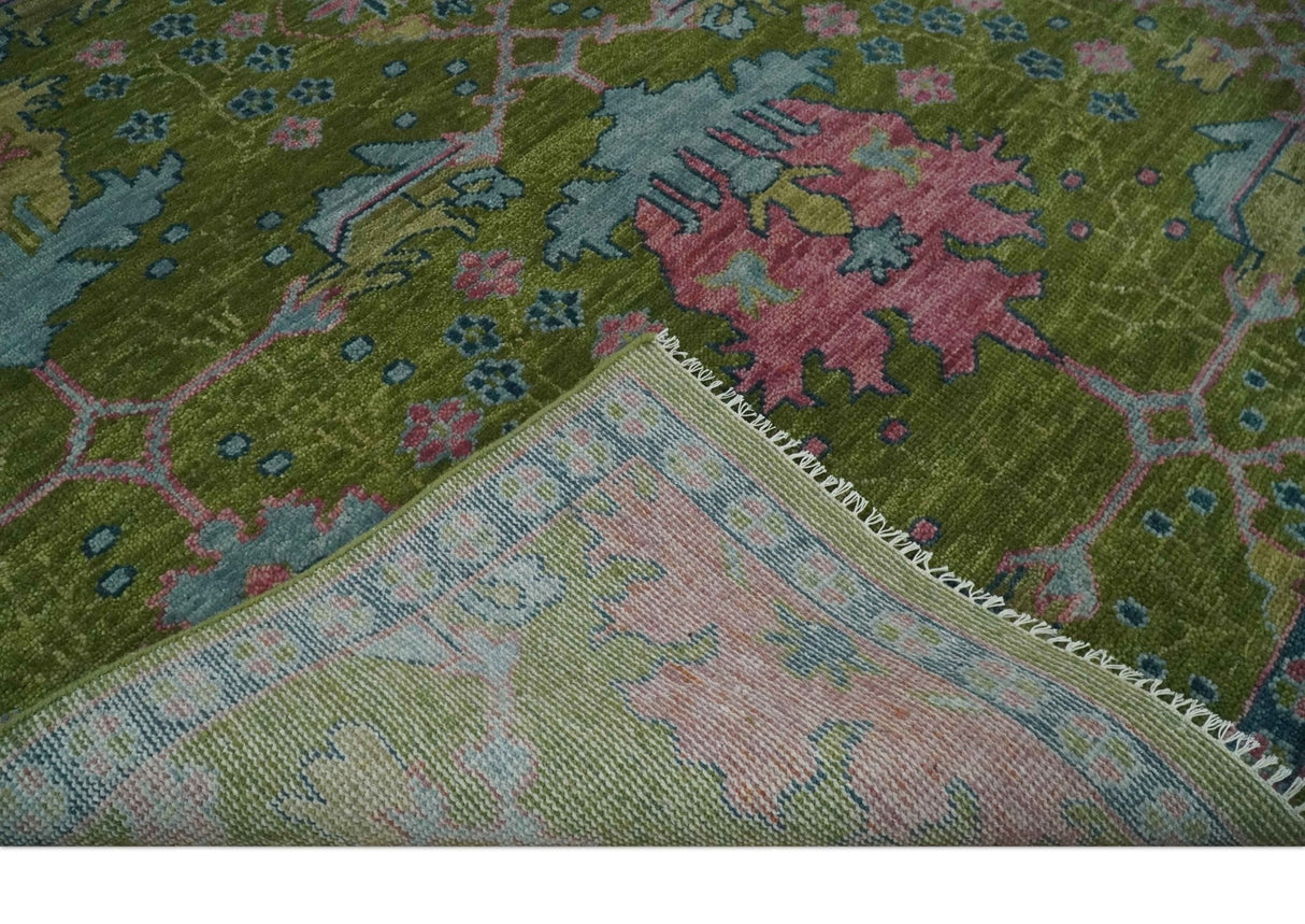 8x10 Green, Blue and Peach Hand Knotted Vibrant Donegal Floral Wool Rug