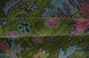 8x10 Green, Blue and Peach Hand Knotted Vibrant Donegal Floral Wool Rug