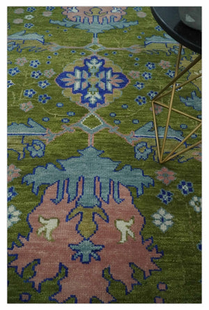 8x10 Green, Blue and Peach Hand Knotted Vibrant Donegal Floral Wool Rug