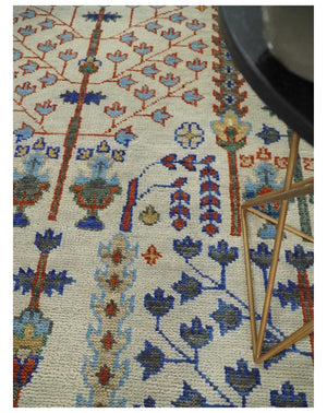 Hand Knotted Antique Ivory, Blue and Gray Traditional Style Oushak Wool Rug