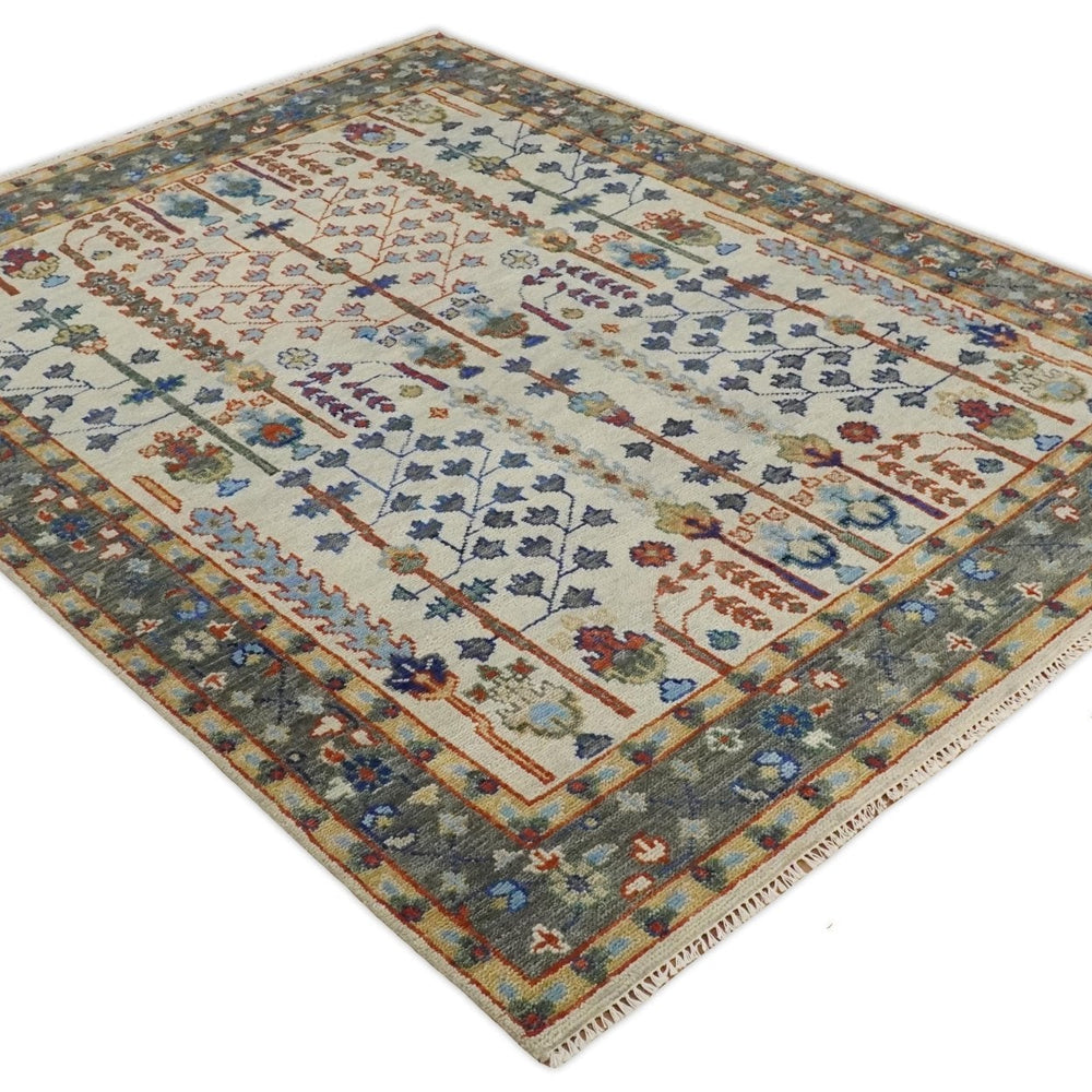Hand Knotted Antique Ivory, Blue and Gray Traditional Style Oushak Wool Rug