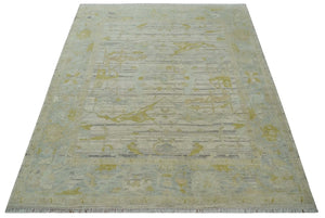 8x10 Hand Knotted Antique Ivory, Silver and Olive Traditional Wool Rug