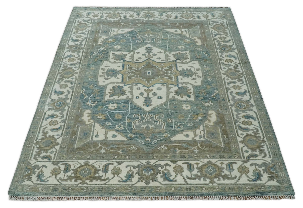 8x10 Hand Knotted Beige, Ivory and Gray Traditional Turkish Design Wool Area Rug