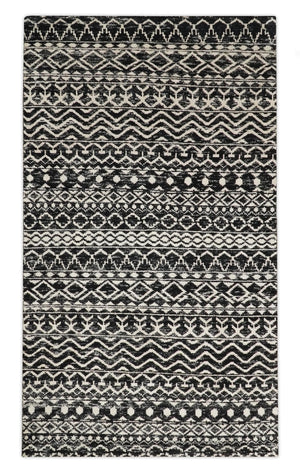 Hand Knotted Black and Ivory Modern Contemporary Southwestern Tribal Trellis Recycled Silk Area Rug