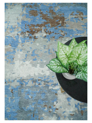 8x10 Hand Knotted Blue and Silver Modern Abstract Low Pile Wool Rug