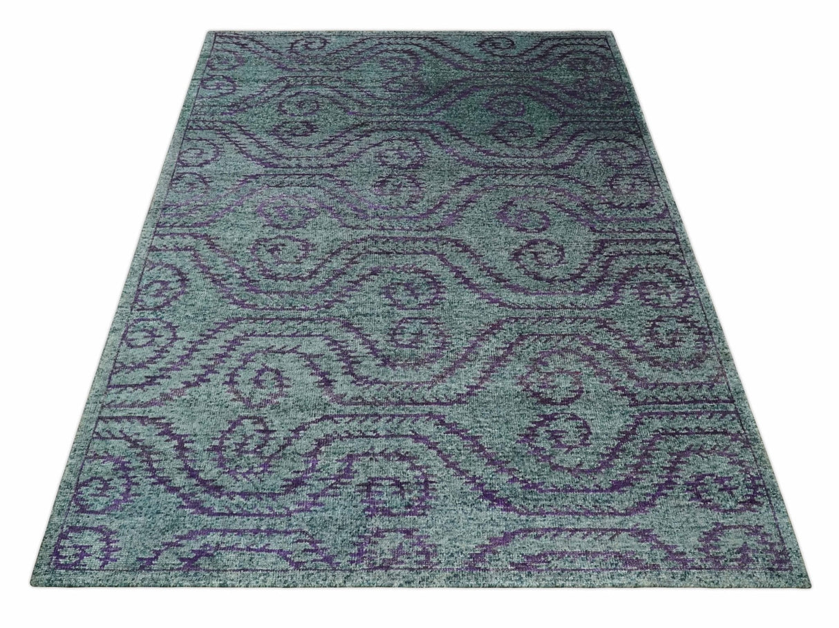 5x8 and 8x10 Hand Knotted  Blue, Gray and Purple Modern Contemporary Southwestern Tribal Recycled Silk Area Rug