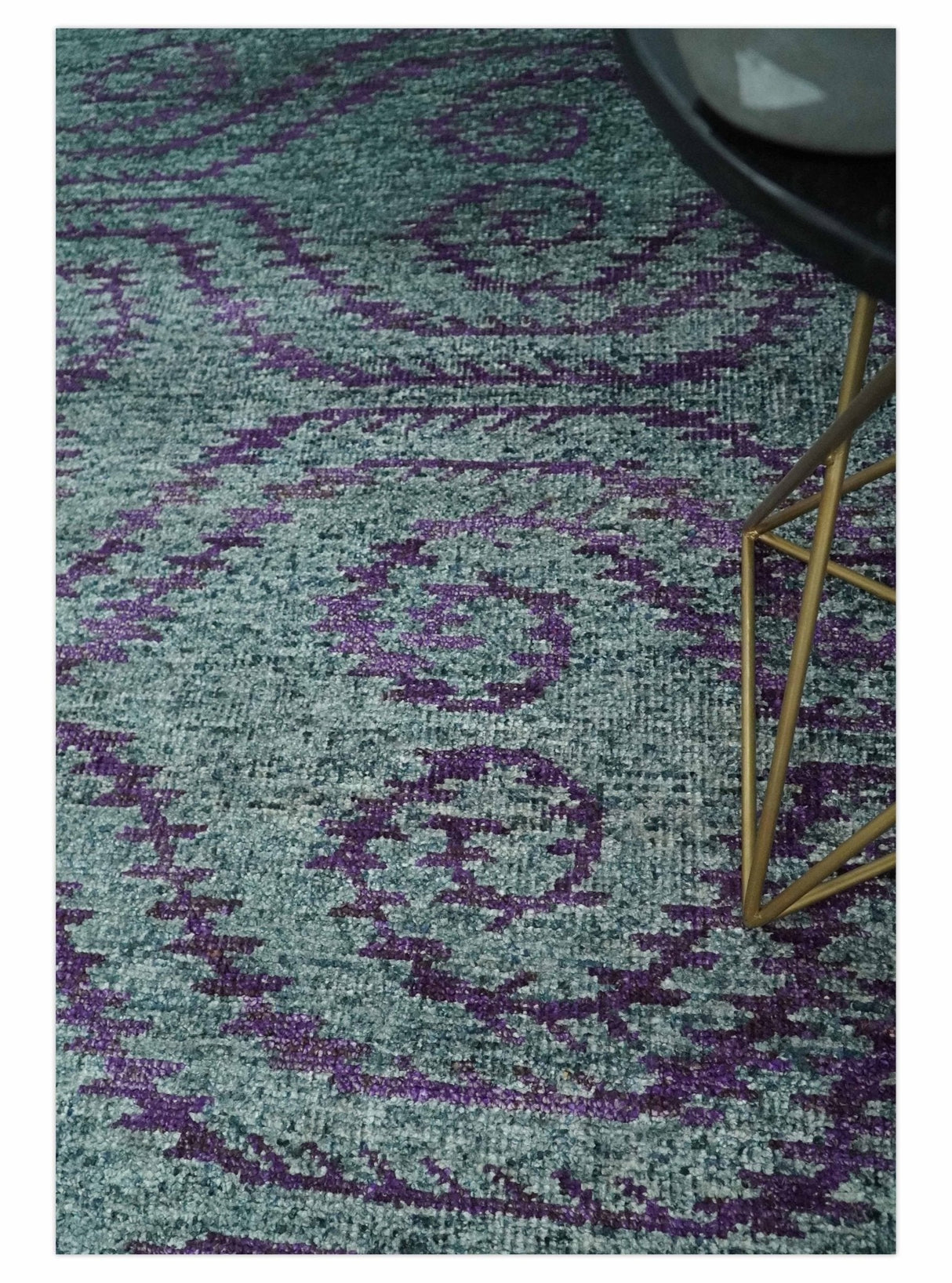 5x8 and 8x10 Hand Knotted  Blue, Gray and Purple Modern Contemporary Southwestern Tribal Recycled Silk Area Rug