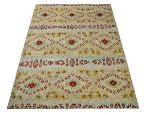 8x10 Hand Knotted Beige, Blue and Rust Persian Recycled Silk Area Rug