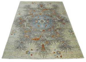 8x10 Hand Knotted Blue, Silver and Beige Persian Recycled Silk Area Rug