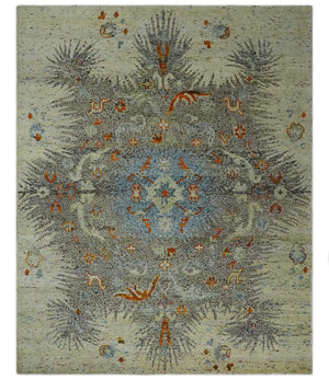 8x10 Hand Knotted Blue, Silver and Beige Persian Recycled Silk Area Rug