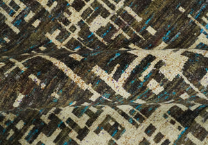8x10 Hand Knotted Charcoal And Beige Modern Contemporary Recycled Silk Area Rug