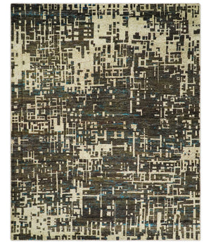 8x10 Hand Knotted Charcoal And Beige Modern Contemporary Recycled Silk Area Rug