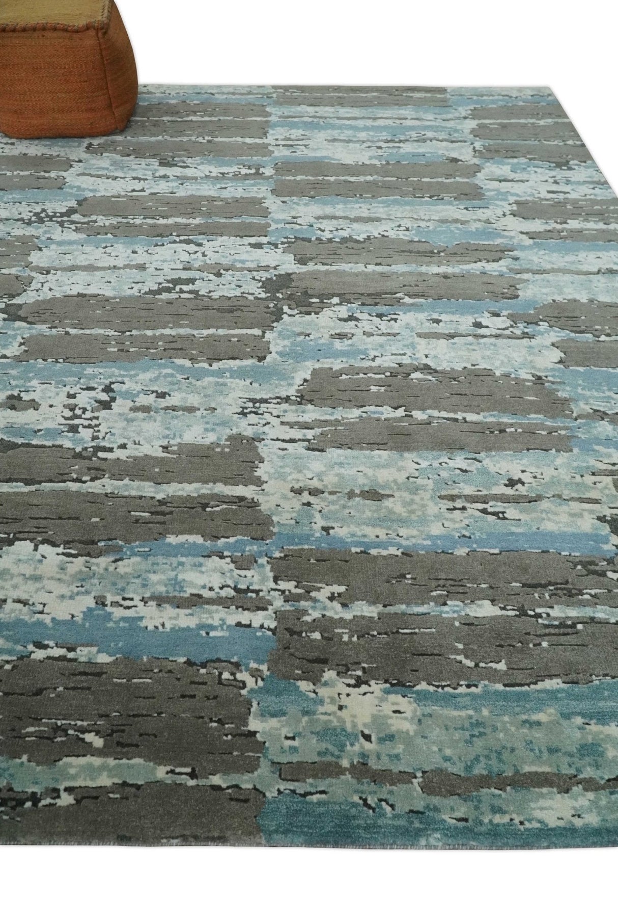 8x10 Hand Knotted Charcoal, Ivory and Aqua Modern Abstract Wool Area Rug