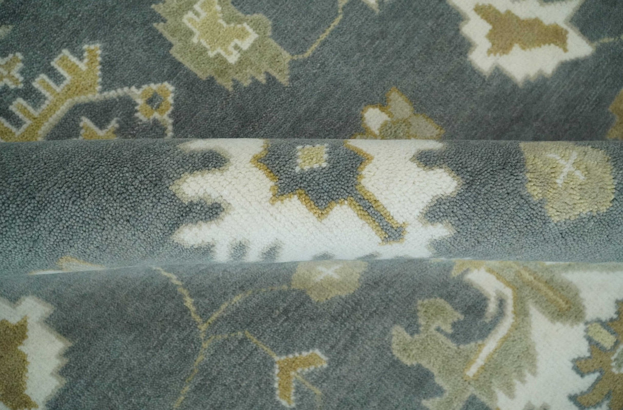 8x10 Hand Knotted Charcoal, Ivory and Beige Traditional Oriental Oushak Wool Rug
