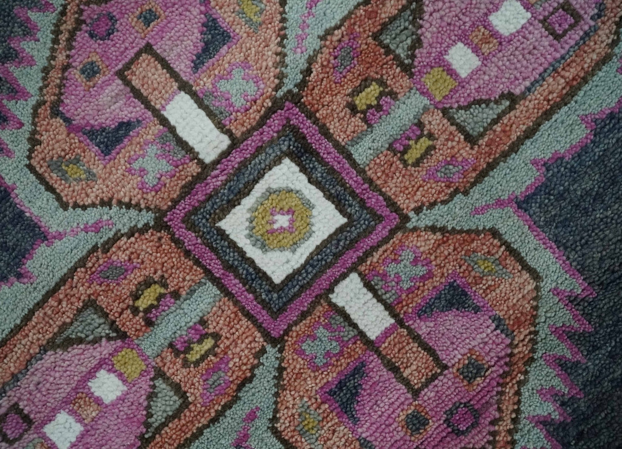 8x10 Hand Knotted Charcoal, Silver and Pink Traditional Wool Area Rug