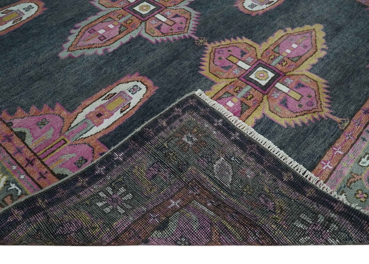 8x10 Hand Knotted Charcoal, Silver and Pink Traditional Wool Area Rug