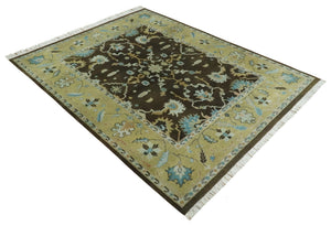 8x10 Hand Knotted Olive and Green Traditional Persian Oushak Wool Rug