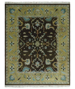 8x10 Hand Knotted Olive and Green Traditional Persian Oushak Wool Rug
