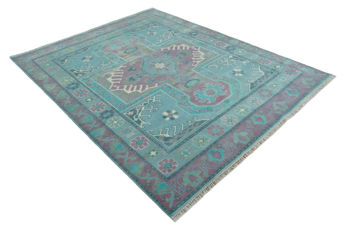 8x10 Hand Knotted Heriz Serapi Aqua, Pink and Ivory Floral Area Rug | TRDCP1369810