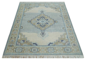 8x10 Hand Knotted Traditional Serapi Blue And Beige Wool Area Rug