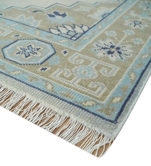 8x10 Hand Knotted Traditional Serapi Blue And Beige Wool Area Rug