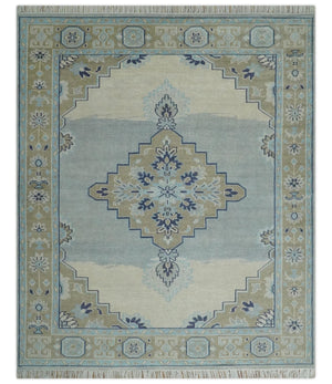 8x10 Hand Knotted Traditional Serapi Blue And Beige Wool Area Rug