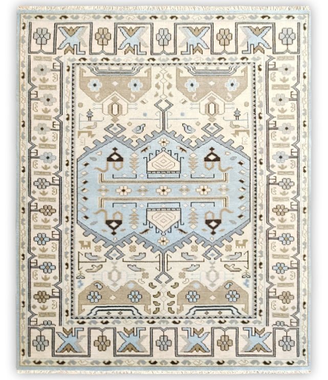 Antique Ivory and Blue Traditional Hand Knotted 8x10 Wool Area Rug