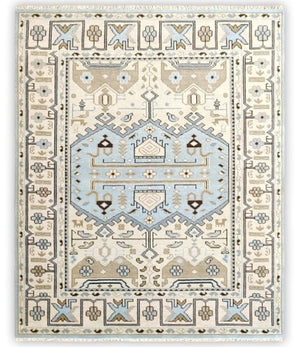 Antique Ivory and Blue Traditional Hand Knotted 8x10 Wool Area Rug