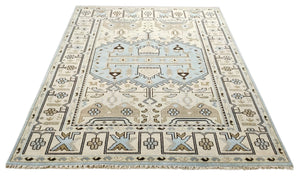 Antique Ivory and Blue Traditional Hand Knotted 8x10 Wool Area Rug