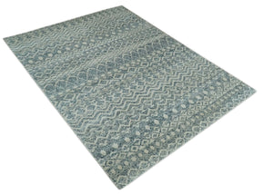 8x10 Hand Knotted Ivory and Blue Modern Contemporary Southwestern Tribal Trellis Recycled Silk Area Rug
