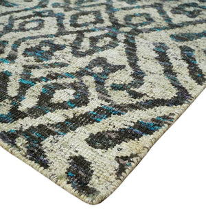 8x10 Hand Knotted Ivory and Charcoal Modern Contemporary Recycled Silk Area Rug