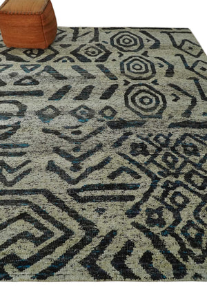 8x10 Hand Knotted Ivory and Charcoal Modern Contemporary Recycled Silk Area Rug