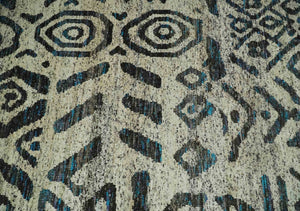 8x10 Hand Knotted Ivory and Charcoal Modern Contemporary Recycled Silk Area Rug