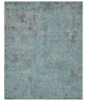 8x10 hand knotted Ivory, Aqua and Charcoal Modern Abstract Wool and Bamboo Silk Area Rug