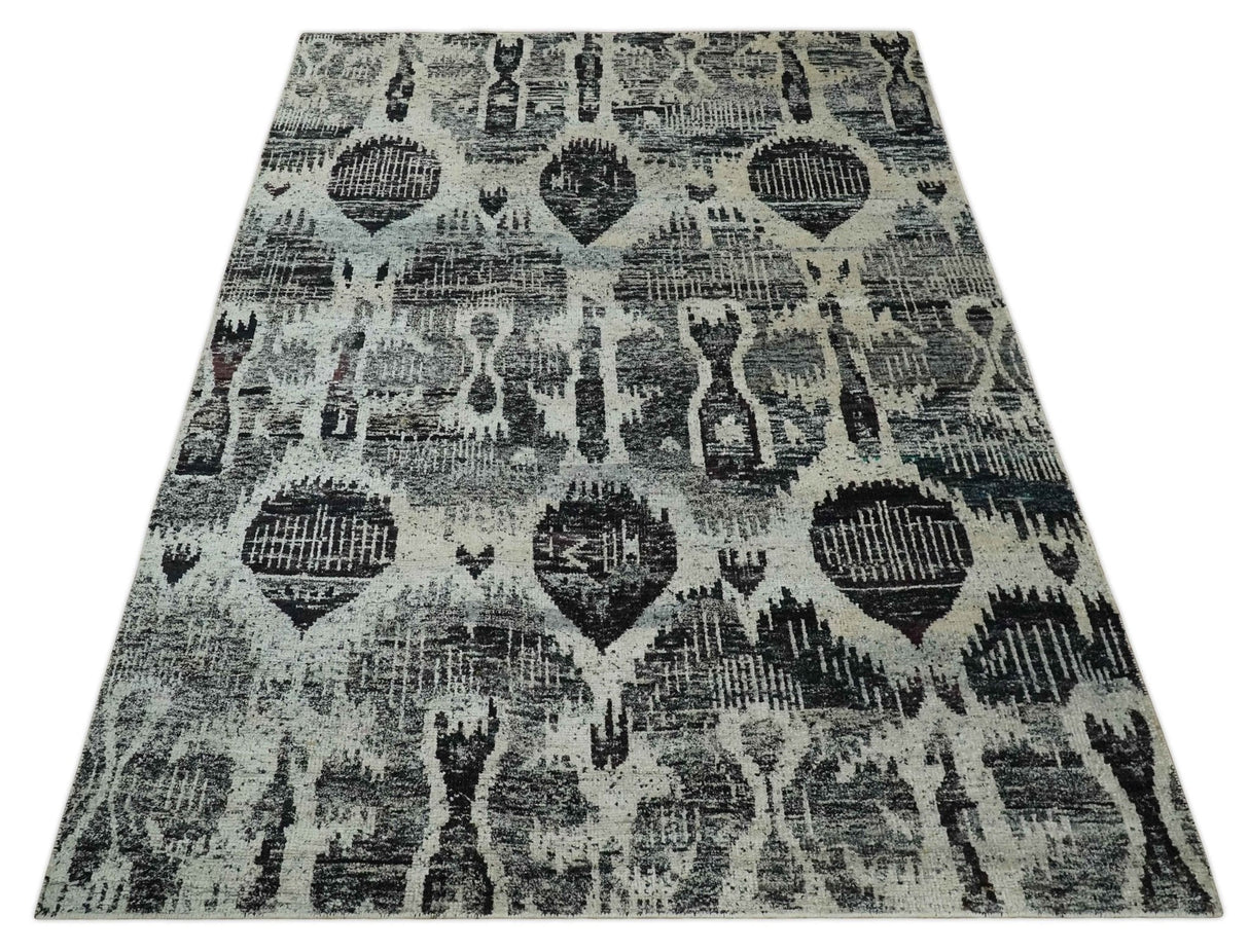 4x6 and 8x10 Hand Knotted Ivory, Charcoal and Brown  Antique Persian Style  Recycled Silk Area Rug